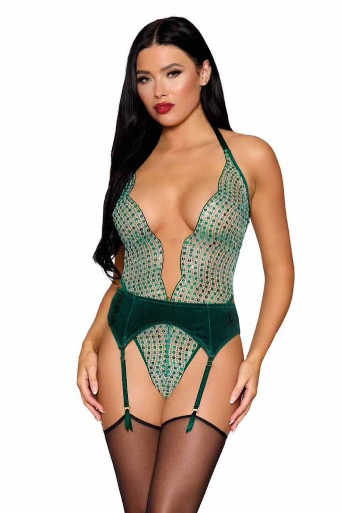 Scallop sequin teddy with stretch velvet garter belt in green.