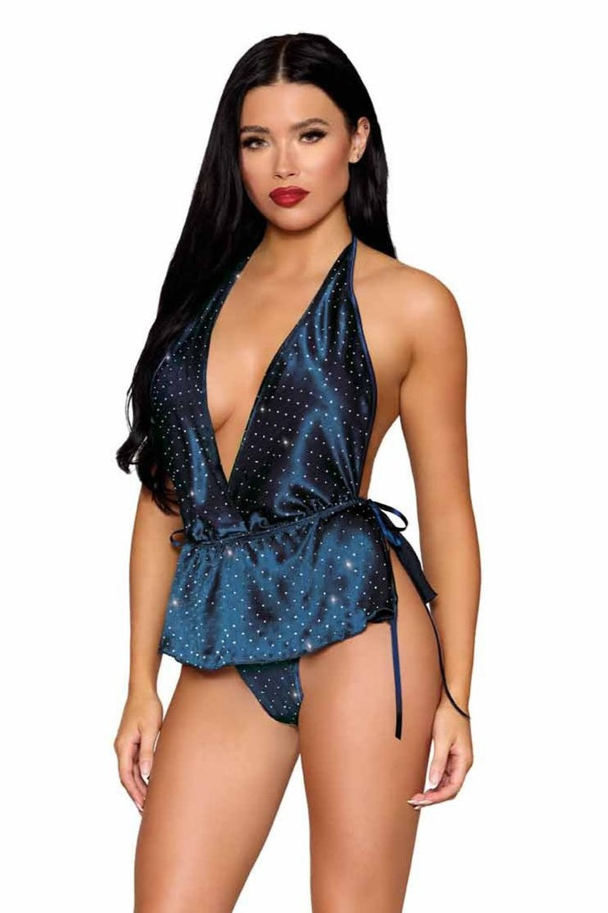 Sparkling satin teddy with rhinestone accents for seductive elegance.