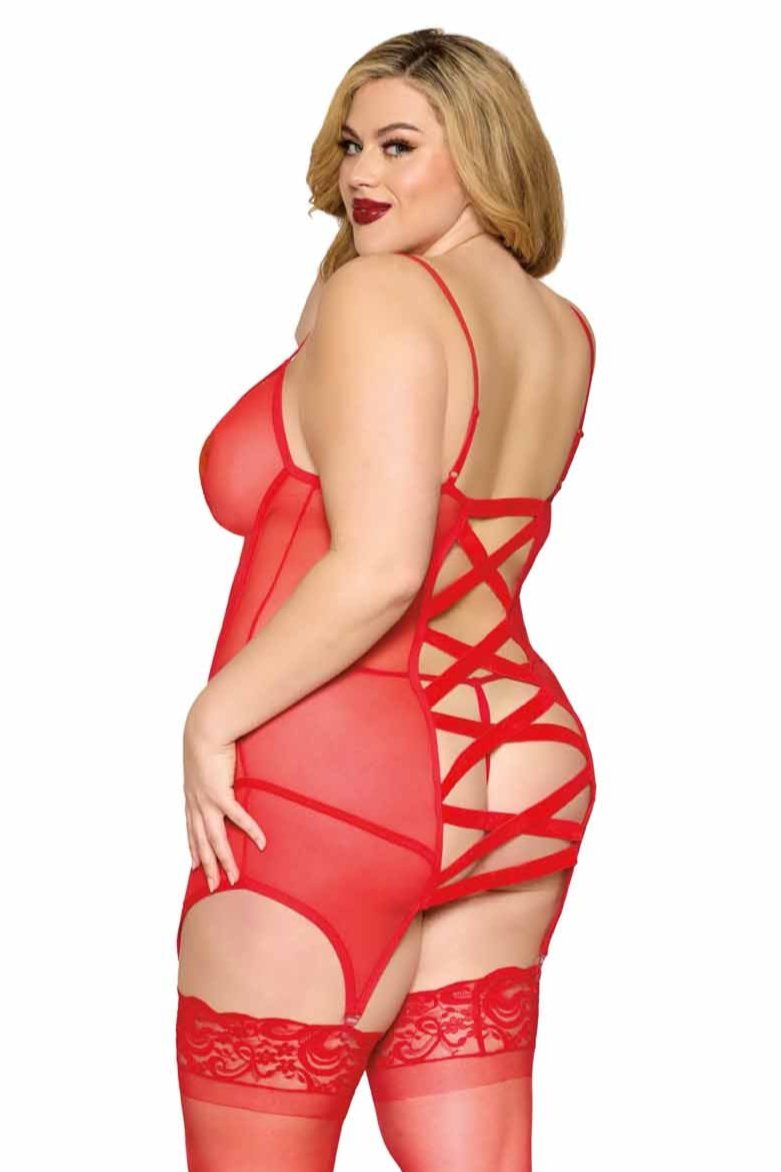 Plus size red stretch mesh garter slip with velvet trim.