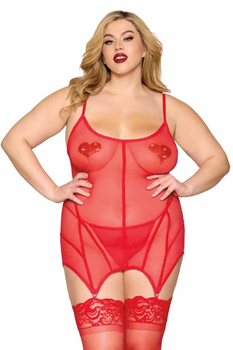 Woman modeling Plus Size Mesh Garter Set with Velvet Accents, featuring a rhinestone heart design, lace-up back, and adjustable straps. G-string included, thigh highs not shown.