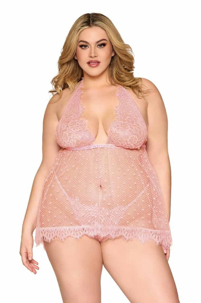 Plus size heart pattern eyelash lace babydoll in soft pink.