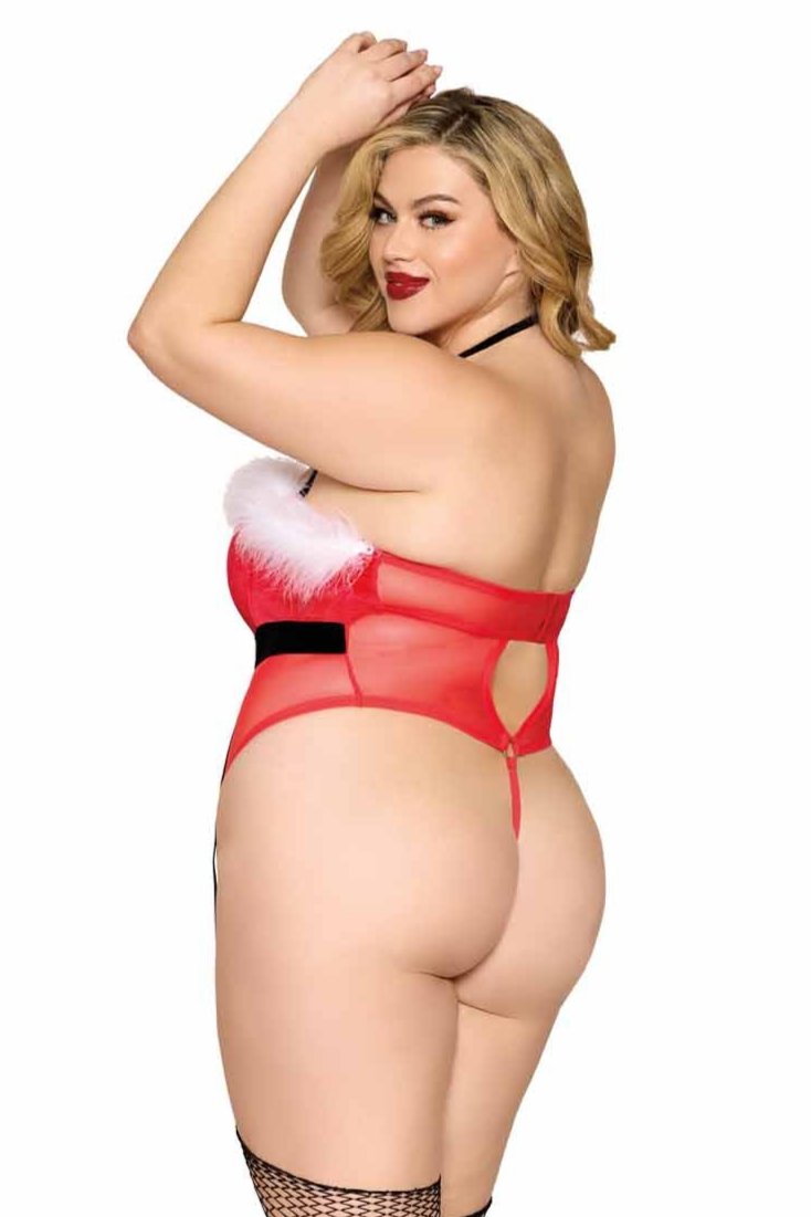 Plus size velvet Santa lingerie teddy showcasing bold festive style.