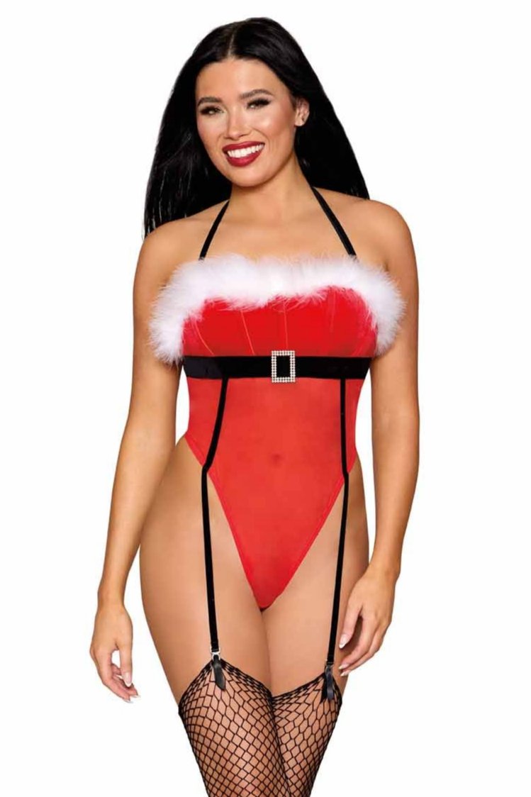 Woman modeling Festive Mesh Santa Teddy with Velvet Accents, featuring a boned bodice, detachable marabou trim, and rhinestone-buckled belt.