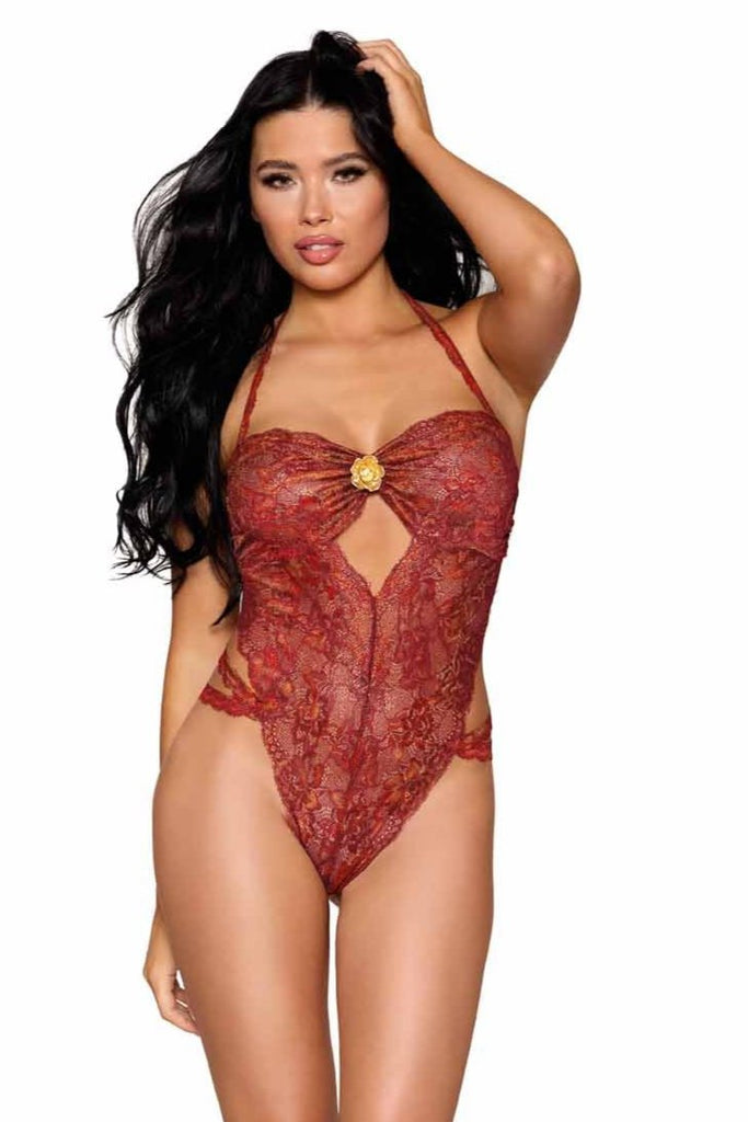 Gold foil detail stretch lace teddy in a seductive red design.