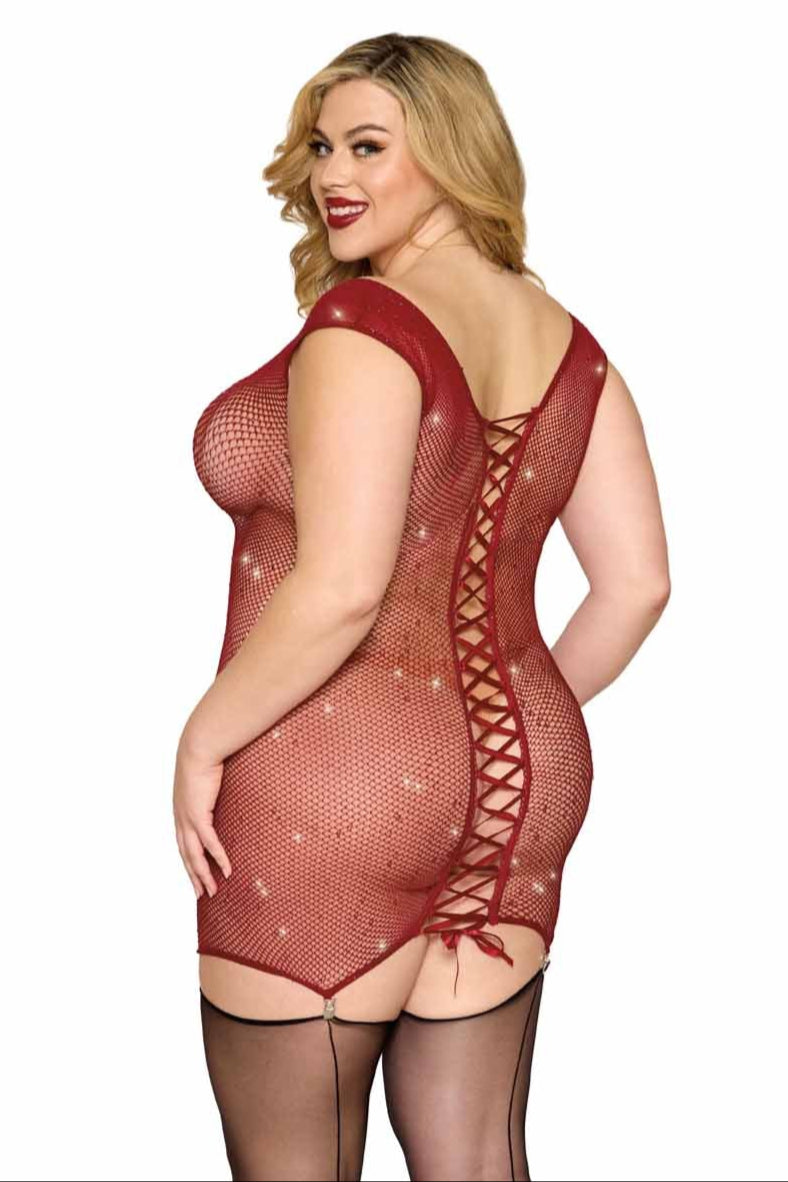 Plus size seamless garter slip with iridescent red rhinestones.