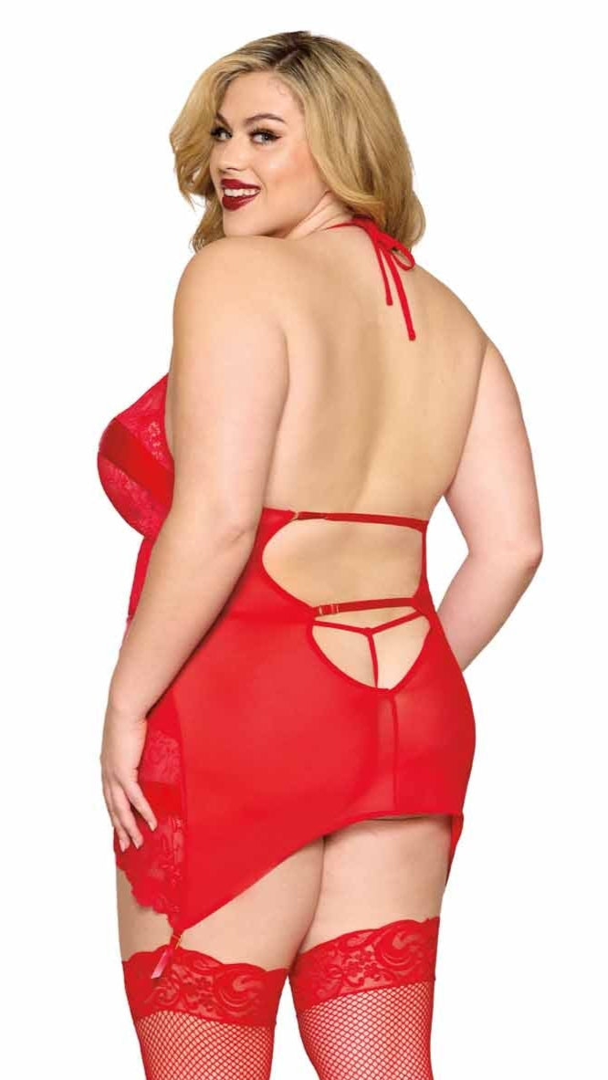 Plus size red scalloped lace garter slip and G-string set.