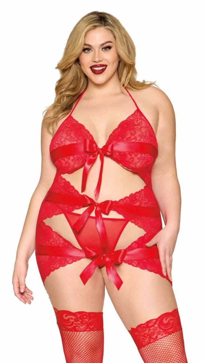 Plus size scalloped lace garter slip and G-string set in red.