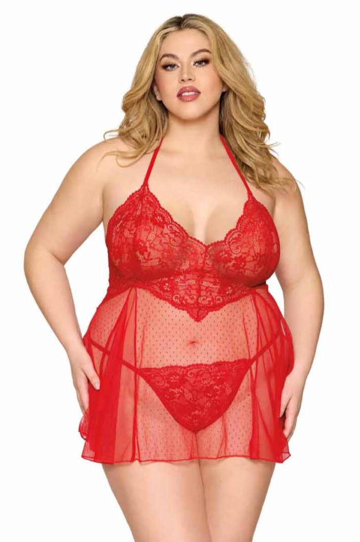 Plus Size Lace and Dot Mesh Babydoll Set featuring a model in a red dress with halter straps and flirty dot mesh skirt.