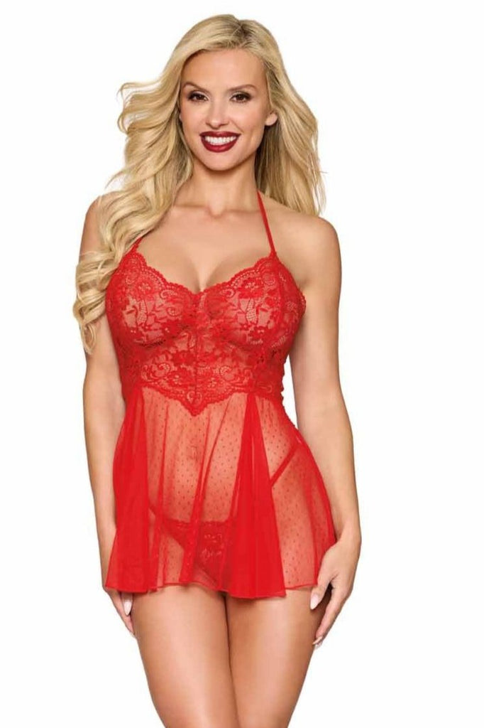 Red dot mesh and lace babydoll with matching G-string.