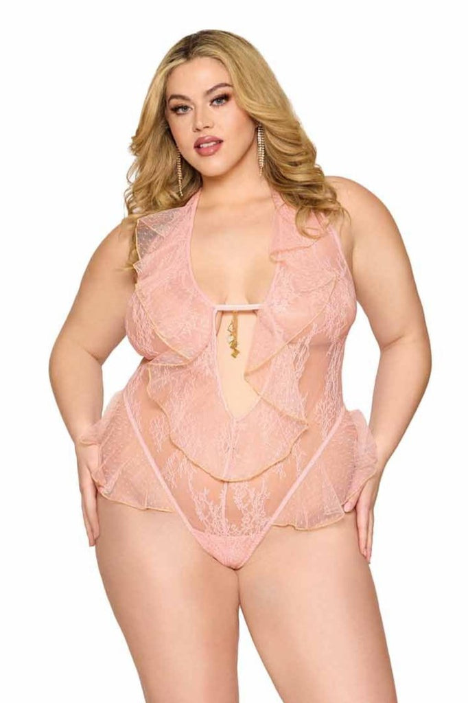 Plus Size Rose Soft Lace Dot Mesh Teddy featuring halter neck, plunging neckline, adjustable tie-back, and flirty thong back with hip flounce detail.