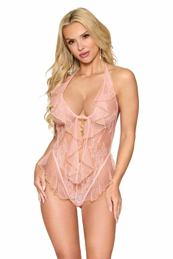 Woman modeling the Delicate Rose Lace Teddy with Flounce, showcasing a halter neck, plunging neckline, adjustable tie-back, and flounce details.