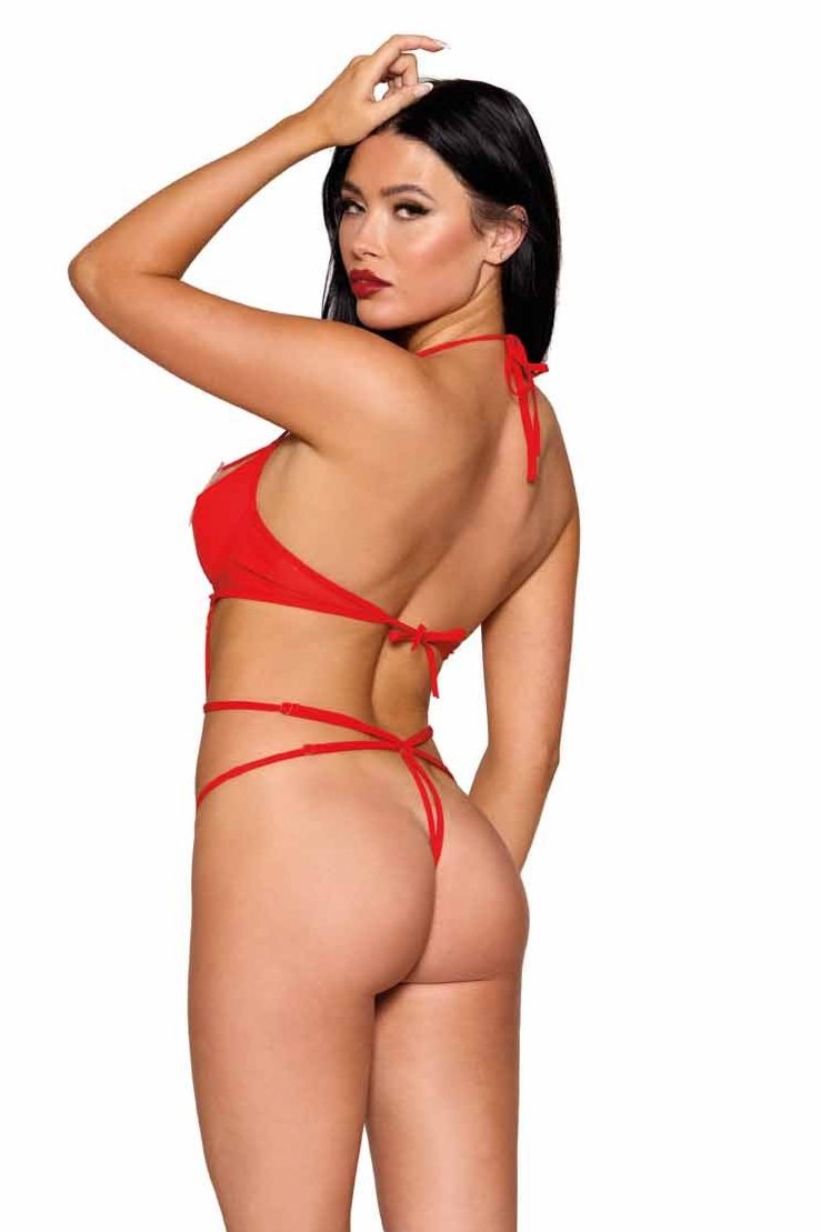 Red mesh halter teddy with wireless foam cups on model's back.