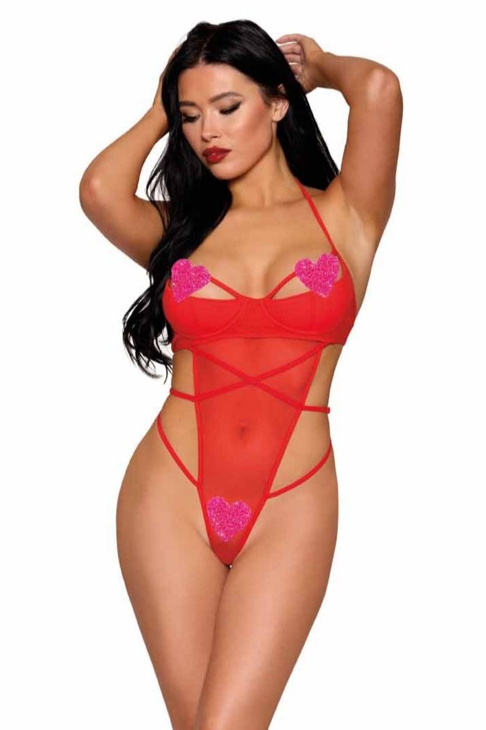 Mesh Halter Teddy with Wireless Foam Cups featuring rhinestone heart appliqués, G-string back, adjustable straps, and open crotch, modeled by a woman.