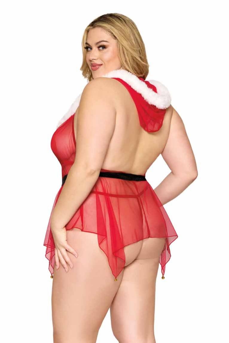 Santa-themed plus size babydoll with G-string, festive red sheer fabric.