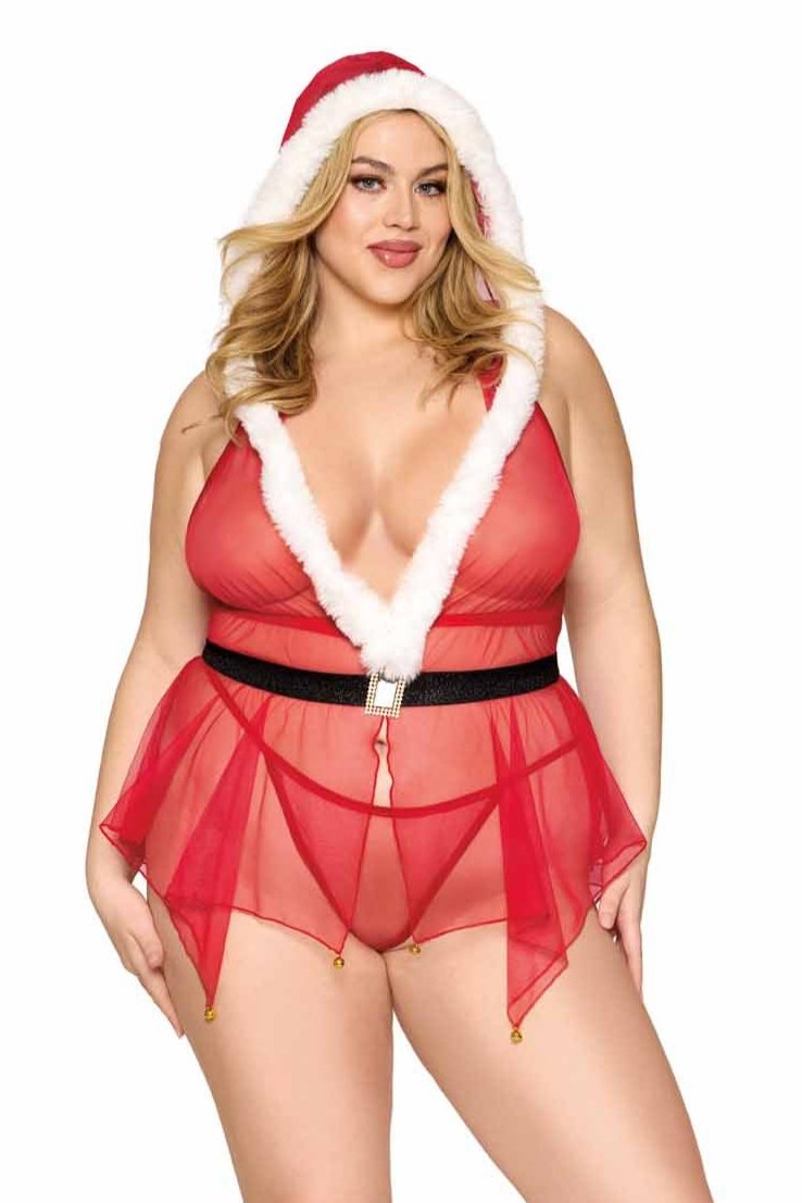 Woman modeling Santa-Themed Plus Size Babydoll with G-String, featuring halter neckline, open back, handkerchief hem, bell trims, and faux-rhinestone buckle belt.