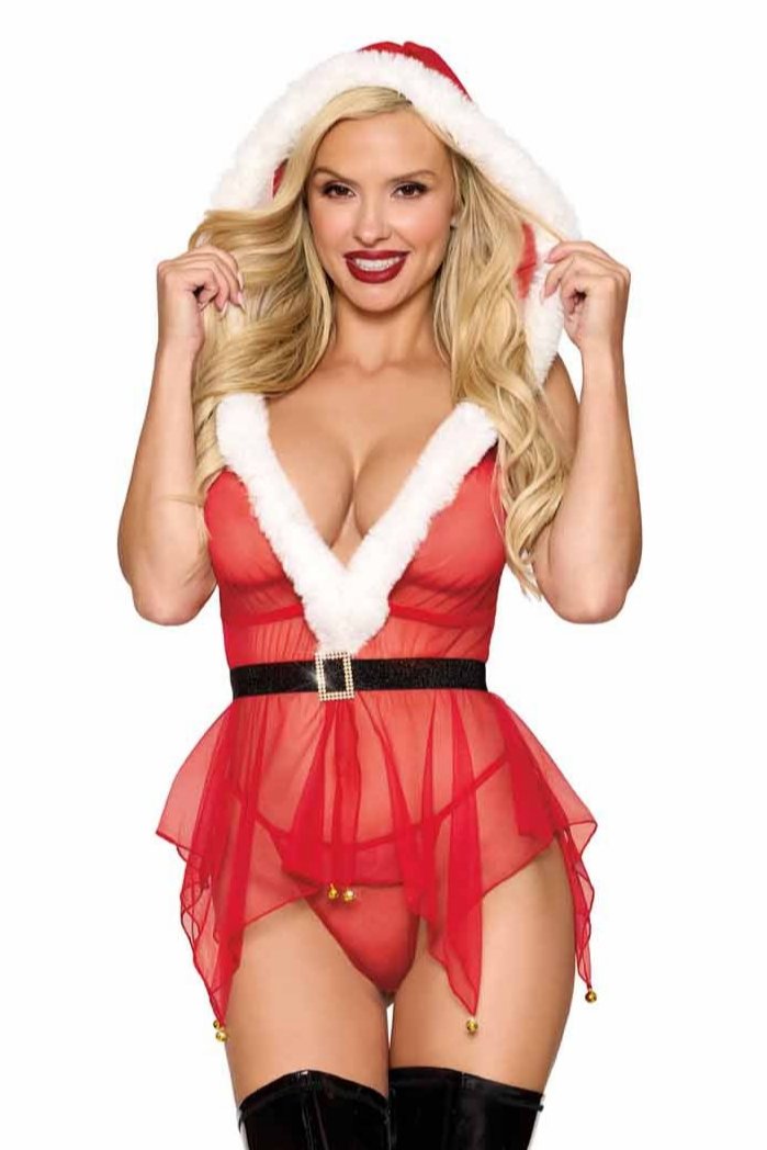 Sexy Santa Babydoll with G-String and Belt featuring a halter neckline, faux-fur trimmed hood, open back, and bell-trimmed hem, modeled by a woman.