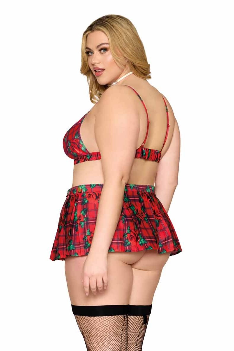 Plus size rose plaid bralette and mini skirt outfit for women.