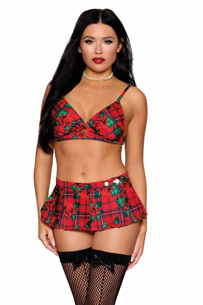 Rose print bralette and plaid mini skirt fashion outfit.