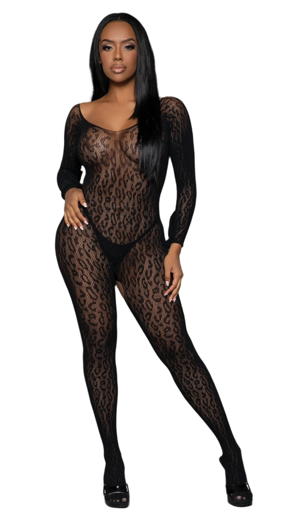 Sexy Leopard Mesh Animal Print Crotchless Bodystocking featuring a black bodysuit with long sleeves, animal print mesh, and a round neckline, modeled by a woman.