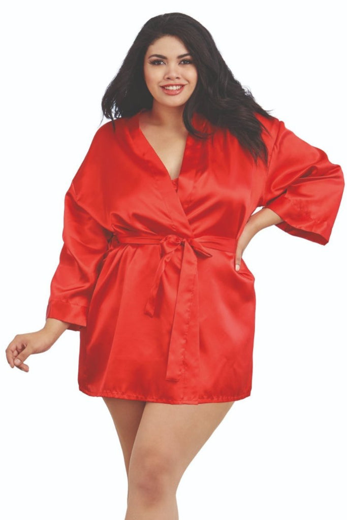 Woman wearing the Plus Size Satin Robe from the robe and chemise set, showcasing its charmeuse fabric and elegant design with long sleeves and an attached belt.