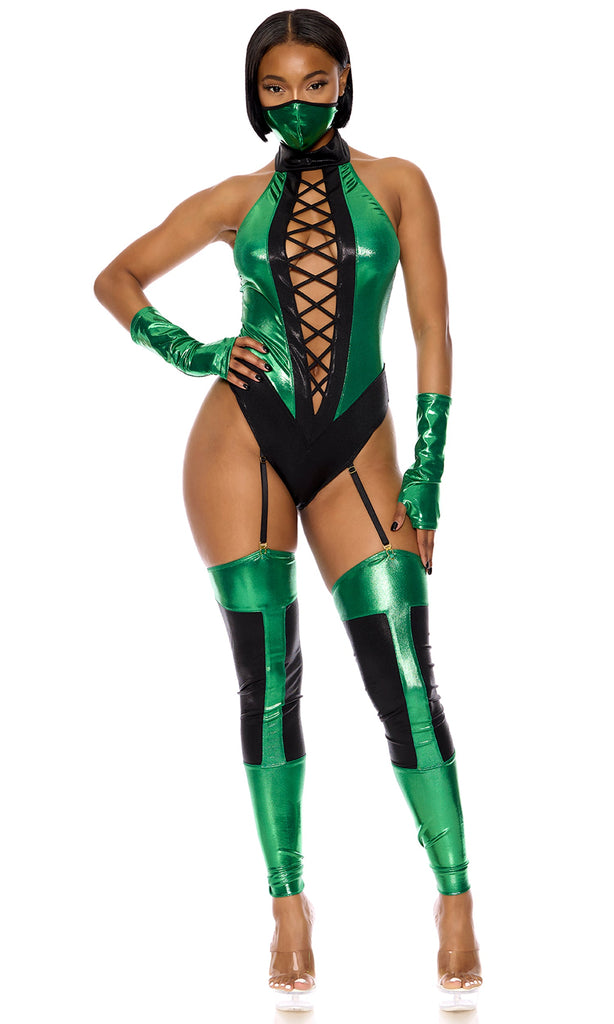 Mortal Ninja video game Halloween costume for women in green and black.