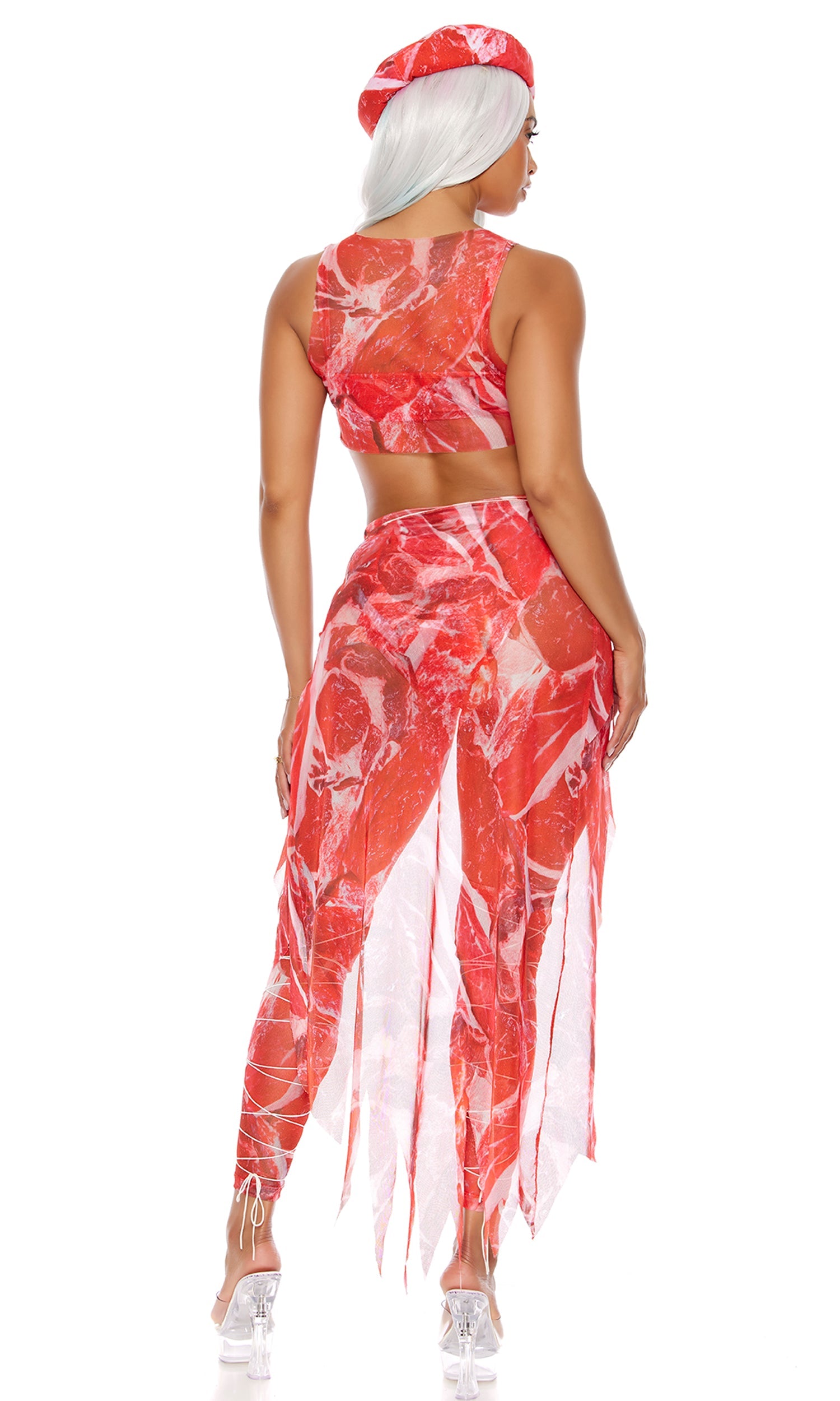 Lady Meat Celebrity Halloween Costume with trendy meat-inspired design.