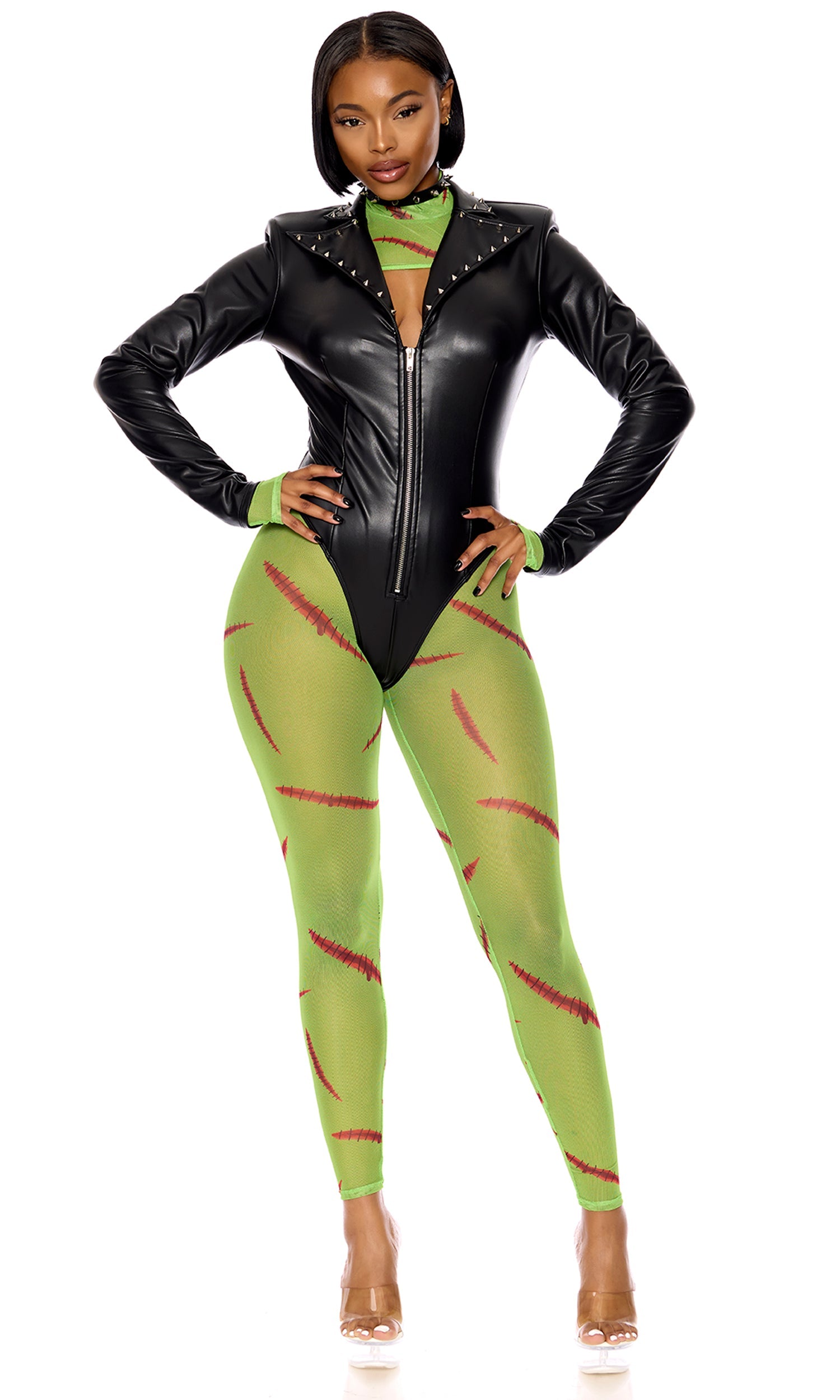 Woman wearing Sexy The Creature Halloween Costume: faux leather blazer bodysuit, monster print mesh bolero, studded choker, and matching leggings.