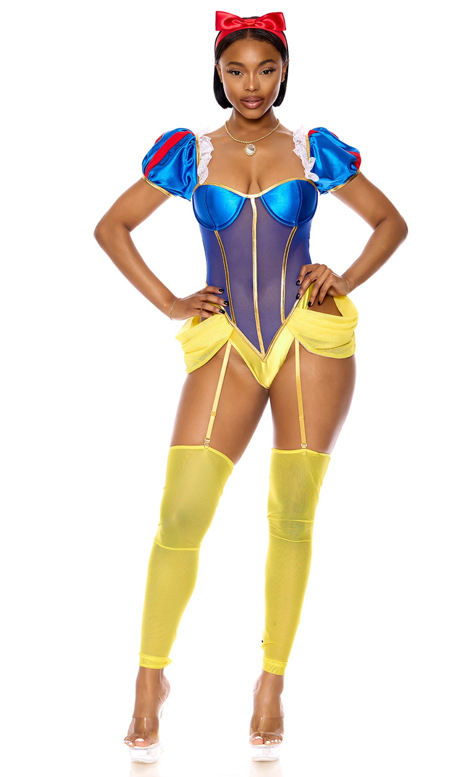 Woman in Royal Snow Princess Halloween Costume with underwire bodysuit, puff sleeves, hip sash, and headband, showcasing a regal, elegant look.