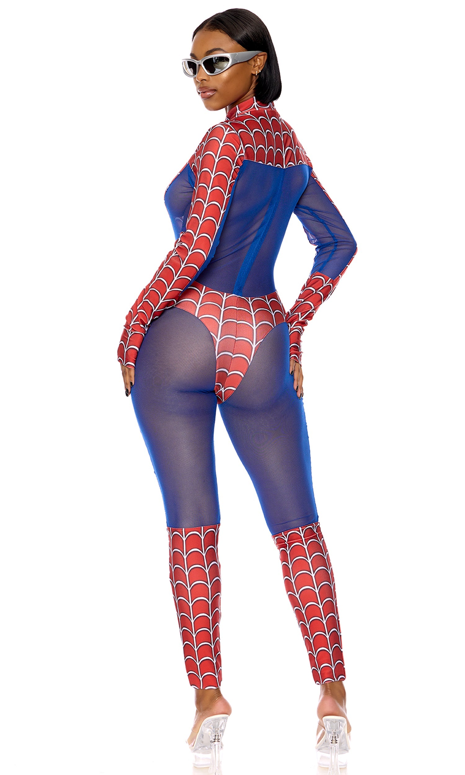 Sexy Spider Woman Halloween costume, sheer red and blue bodysuit.