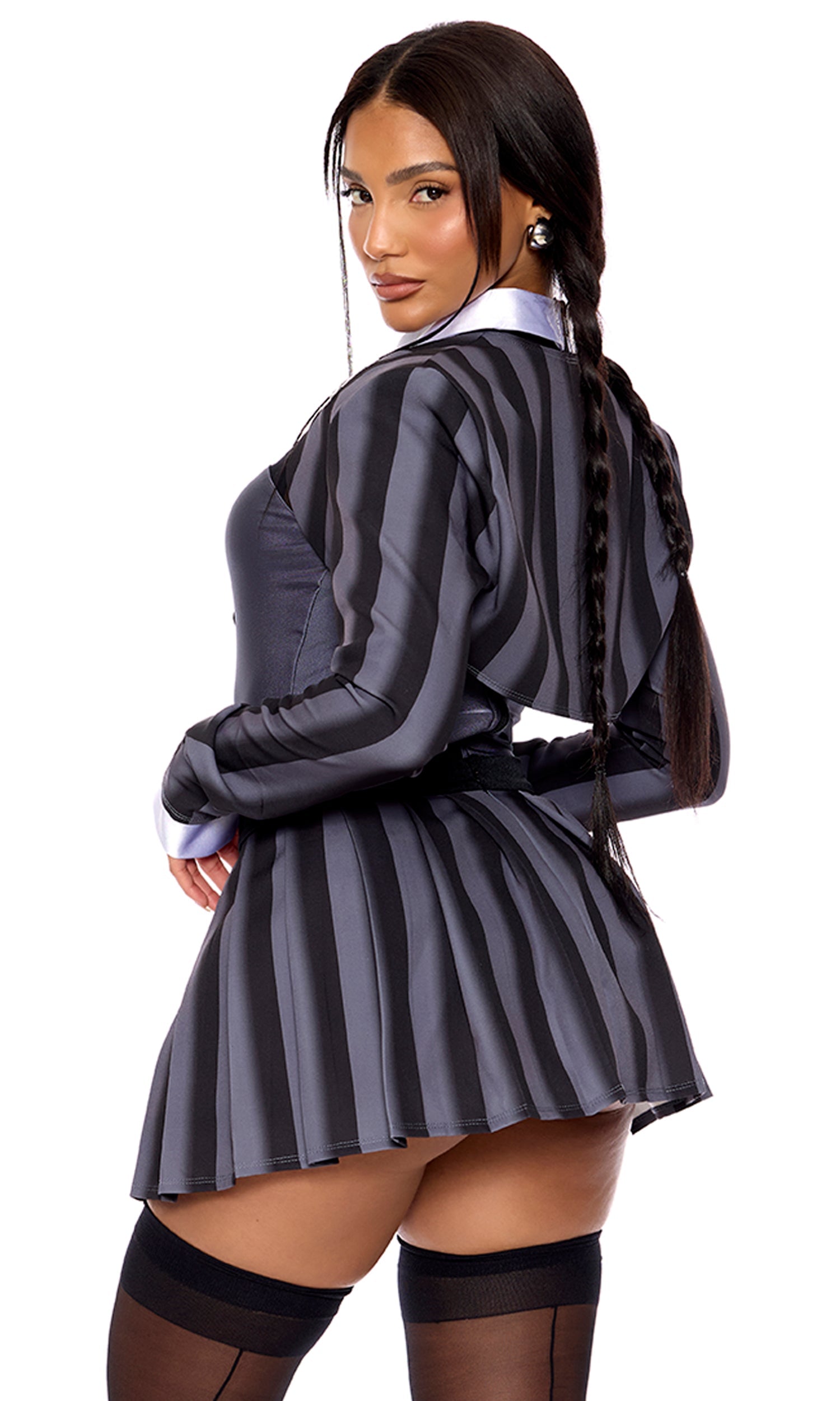 Sexy Wednesday character costume featuring a striped dress and braids.