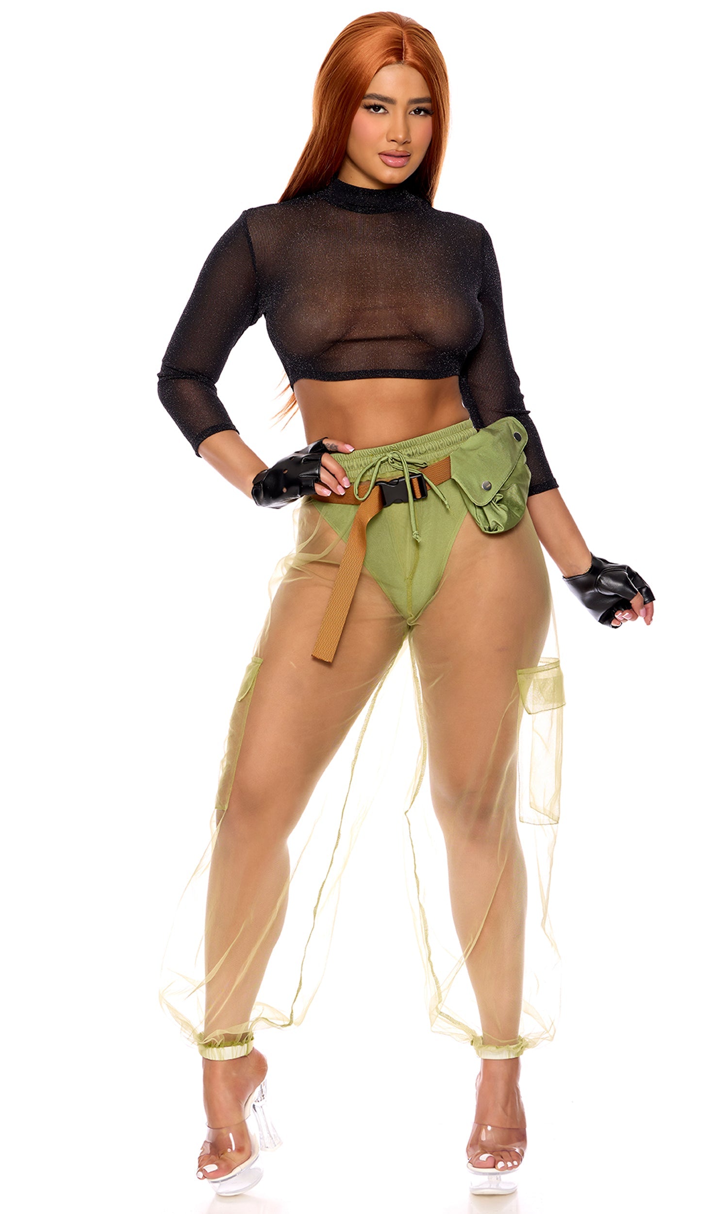 Woman in Sexy The Sitch Cartoon Character Costume with sheer shimmer crop top, jogger pants, belt, and fingerless gloves, embodying a playful and sexy style.