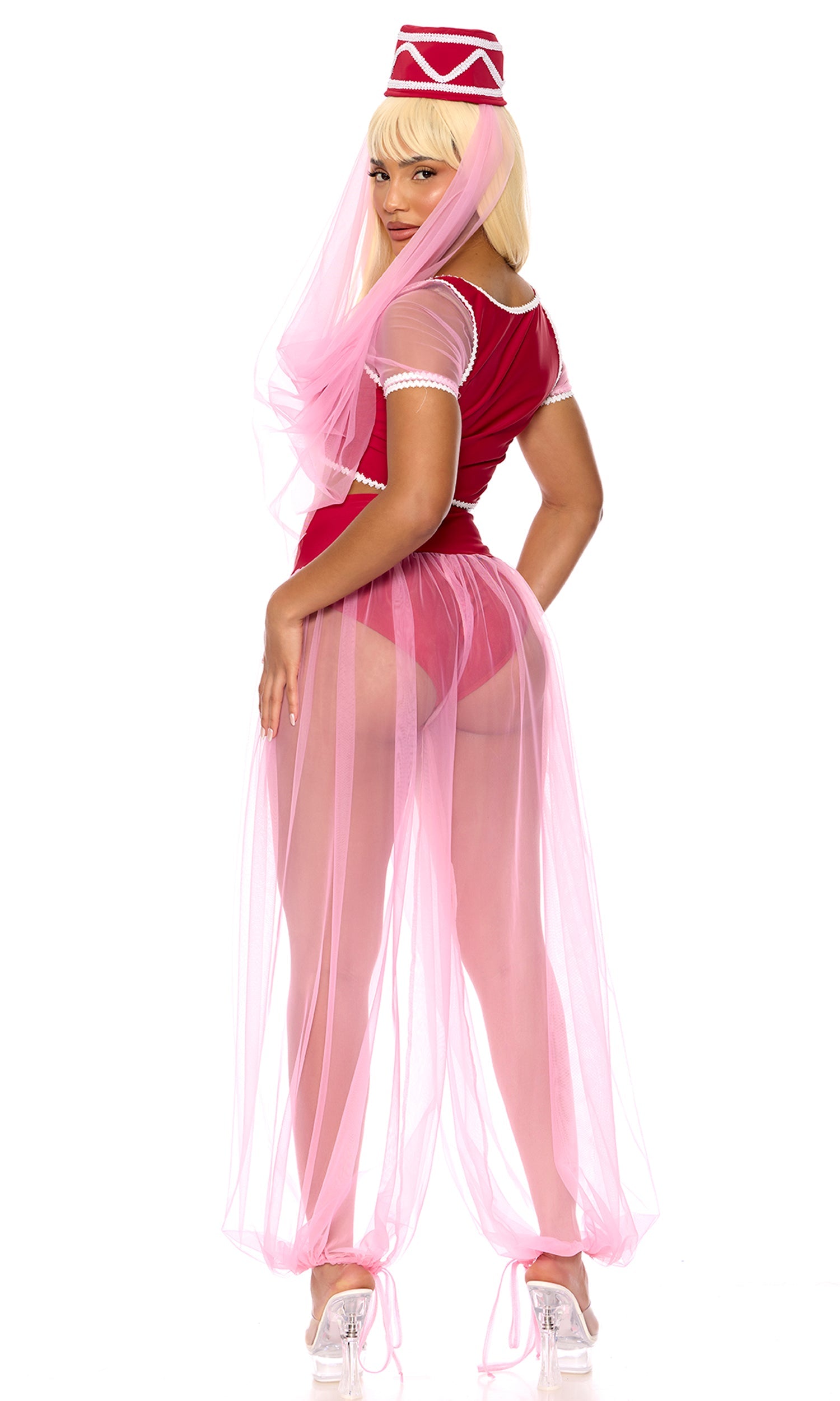 Sexy Genie Halloween costume with sheer pink overlay and matching headpiece.