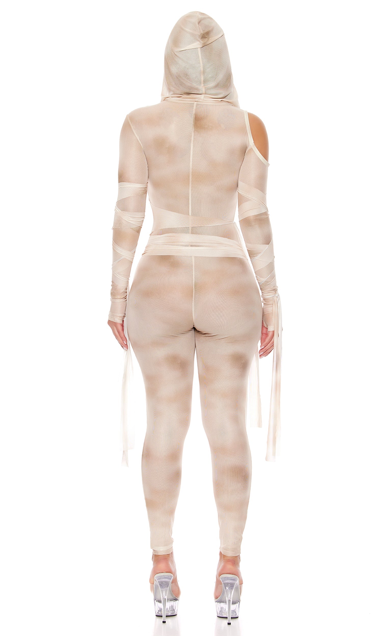 Seductive Mummy Halloween Costume with sheer fabric and hooded design.