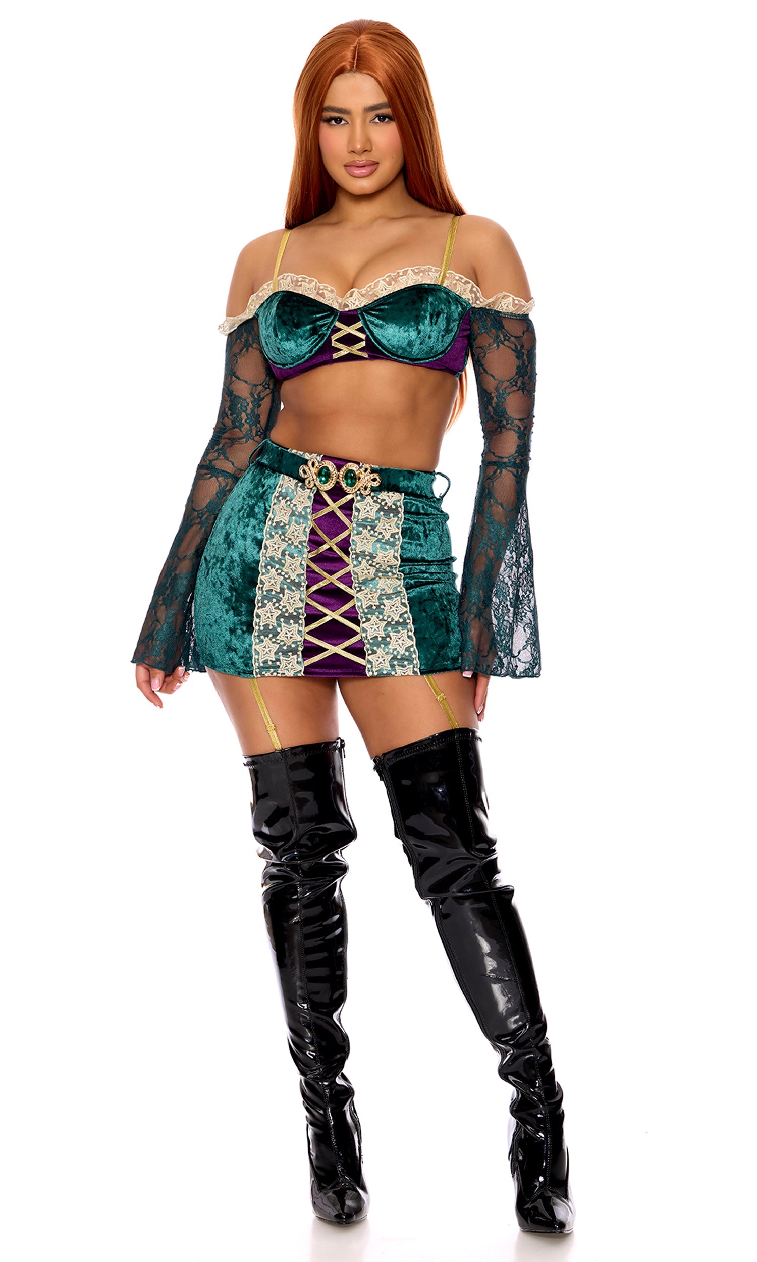 Woman modeling the Spell On You Movie Witch Halloween Costume, featuring a velvet crop top with lace sleeves, crisscross design, and mini skirt with garters and buckle belt.