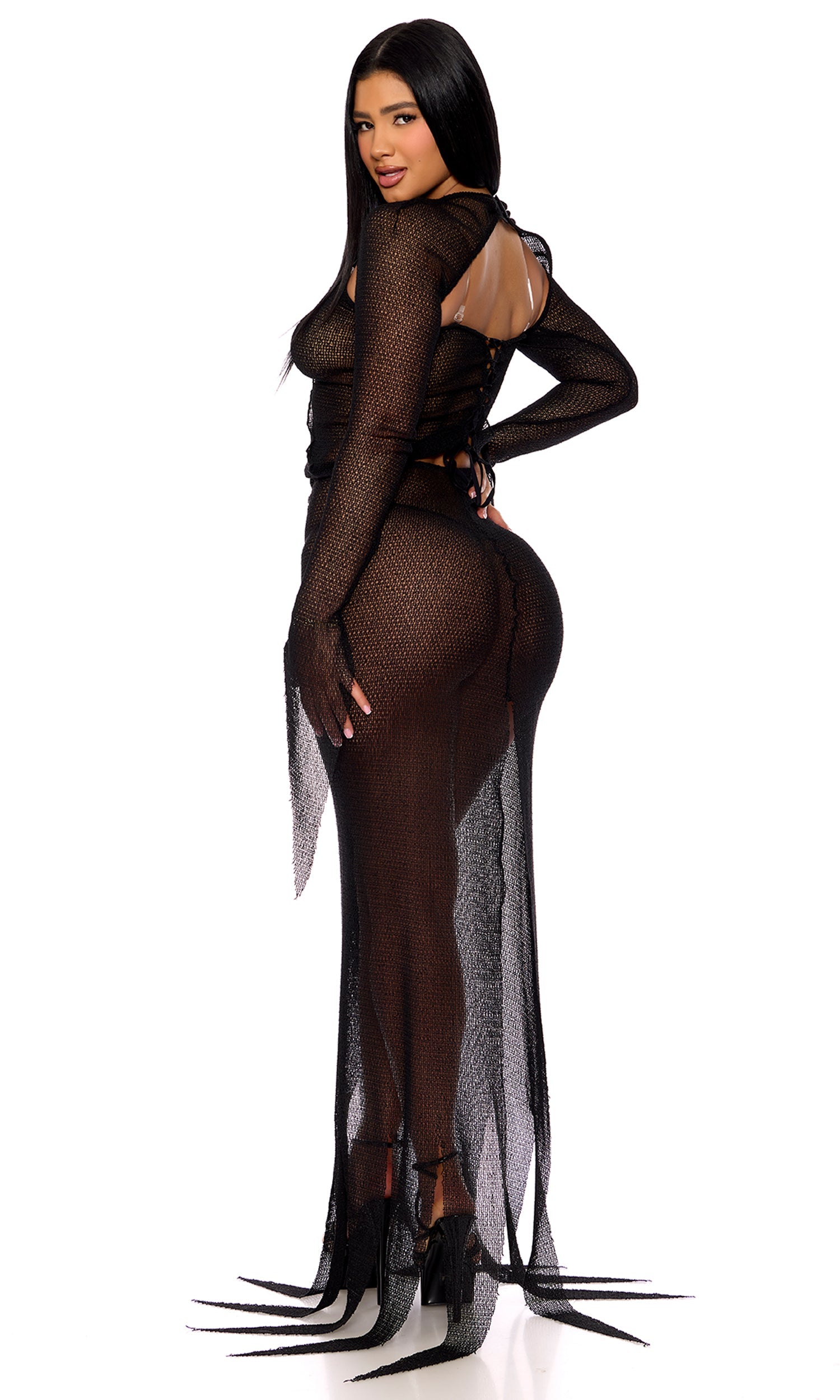 Sexy Mistress of Dark character costume with lace details and long sleeves.