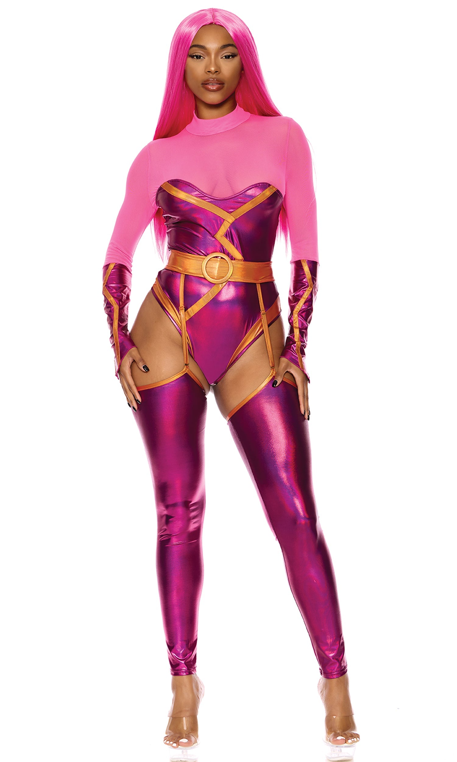 Sexy Lava Girl Halloween costume with pink and purple design.