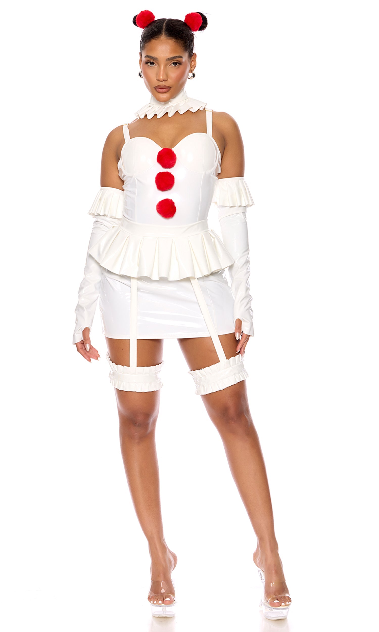 Woman wearing Sexy Dancing Clown Halloween Costume with vinyl underwire cup dress, pom pom detail, peplum garter belts, and hair accessories, showcasing fashion and costume design.