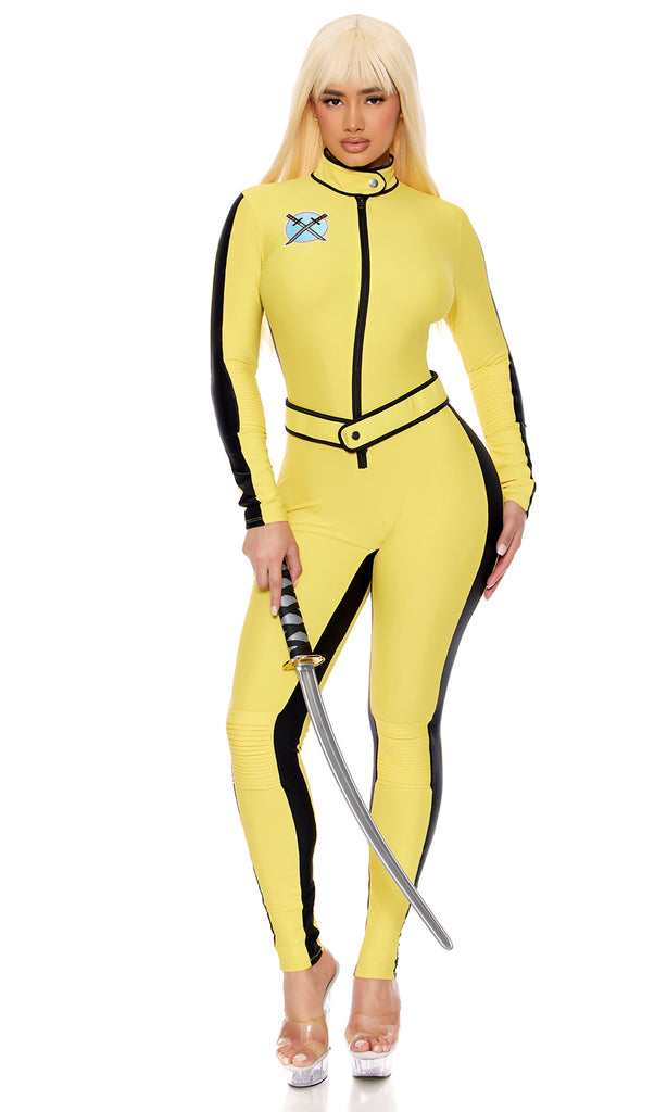 Game of Death Fighter Girl Halloween Costume with sword and blonde wig.