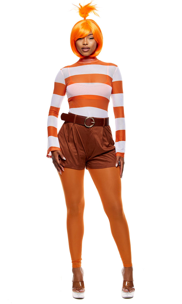 Woman wearing Anxiety-Themed Movie Halloween Costume, featuring sheer mesh striped top, faux suede shorts with belt, short bob wig, and feather headband.