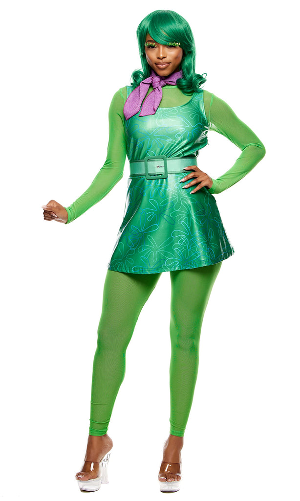 Woman wearing Disgusted Feeling Cosplay Movie Costume, featuring art deco dress, green belt, neck scarf, and wig, showcasing a powerful and feminine look.