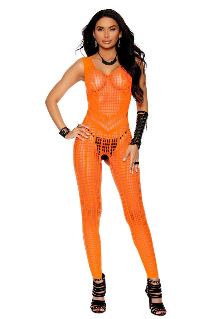 Woman wearing Vibrant Neon Crotchless Footless Bodystocking with crochet design, showcasing close-up details of bracelet, necklace, and black leather boot.