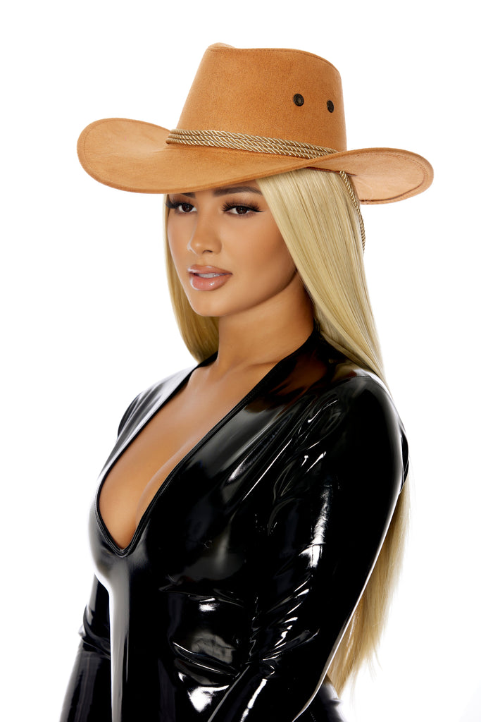 Classic cowboy hat worn by model, ideal western accessory.