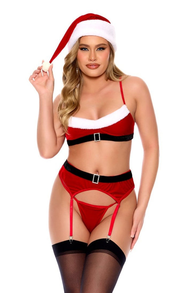 Santa's Cheerful Helper Lingerie Set modeled by a woman in a Santa outfit, featuring a velvet bra top and garter belt.