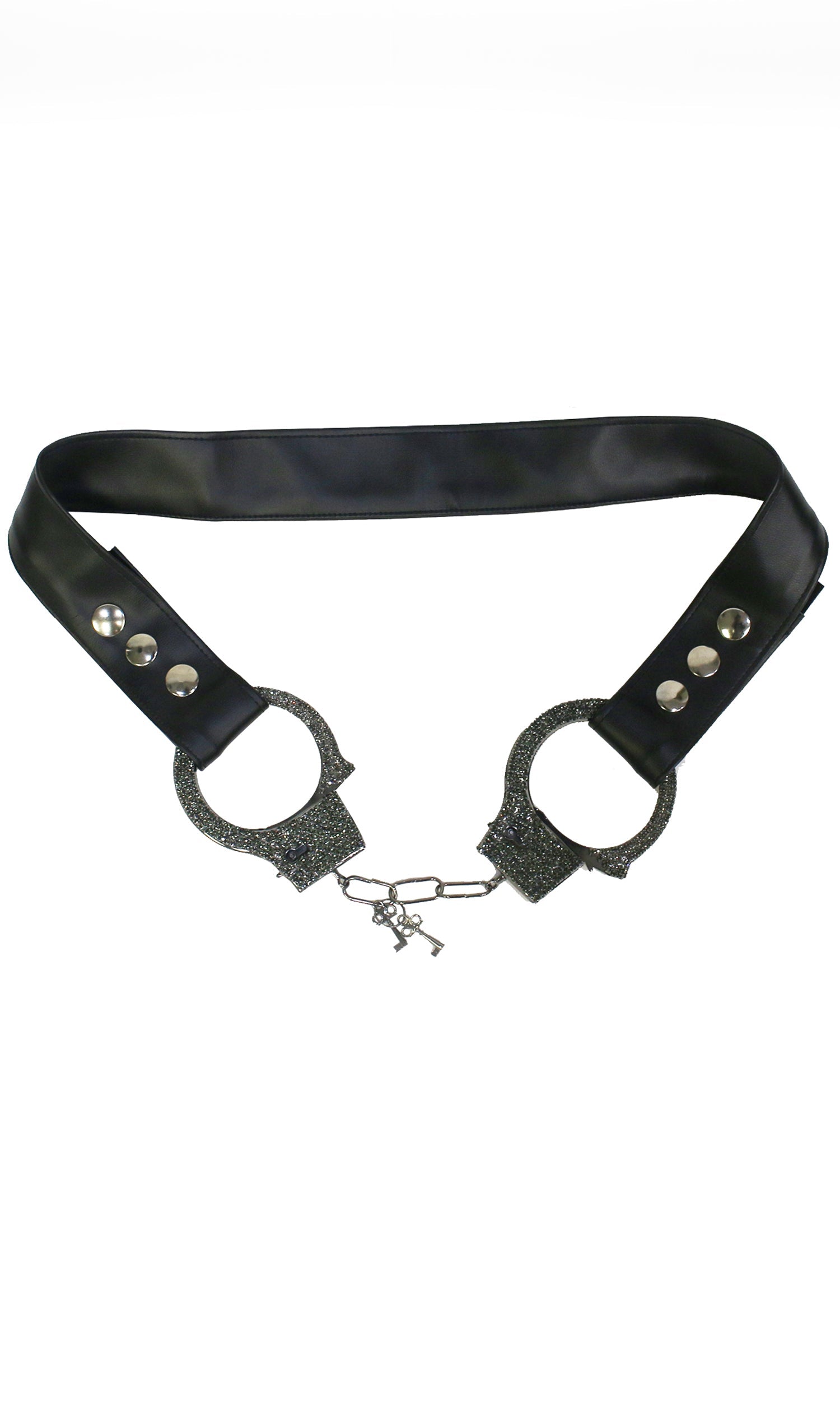 Rockstar Rhinestone Belt Gunmetal Handcuff Glam Accessory, featuring functional handcuffs and adjustable vegan leather, ideal for edgy costume looks.