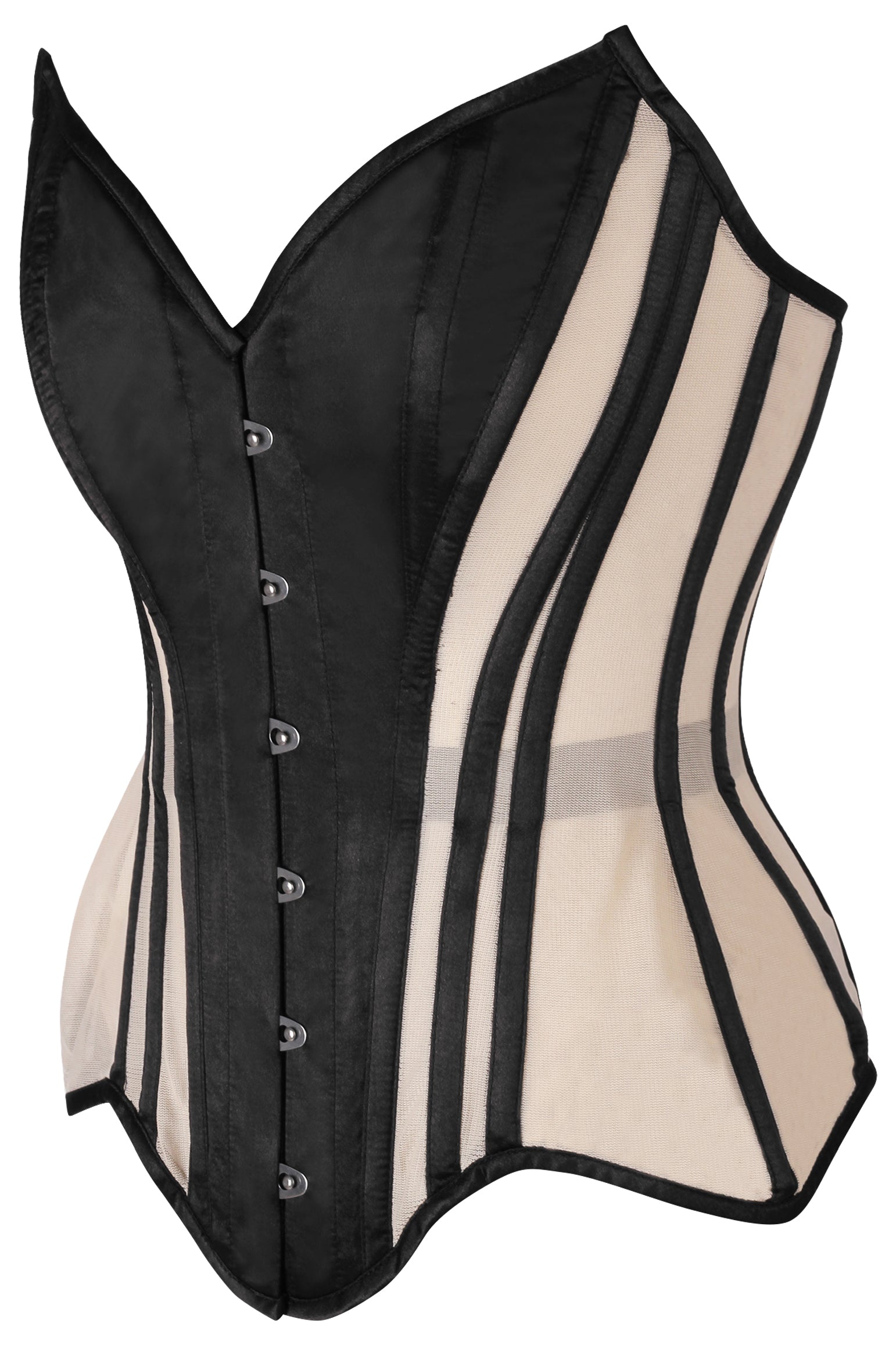 Sheer Nude Vintage Mesh Corset with Black Satin Panels