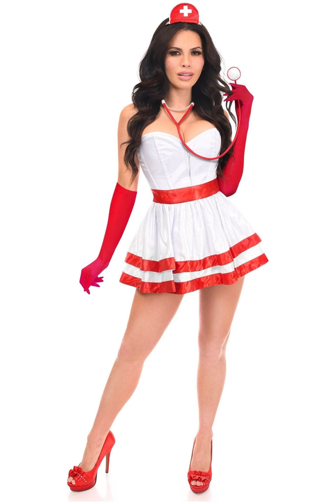 Woman modeling the High-End Heart Stopper 5 Pc Nurse Corset Costume, featuring a corset, skirt, nurse hat, and high heels, showcasing a sexy and professional look.