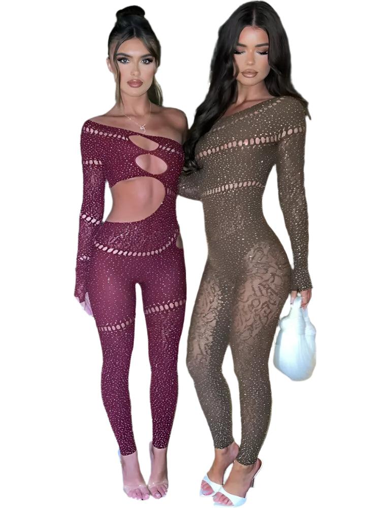 Two women wearing the Sexy Cut Out Off Shoulder Glitz Bodystocking, showcasing its tight fit and stylish design.