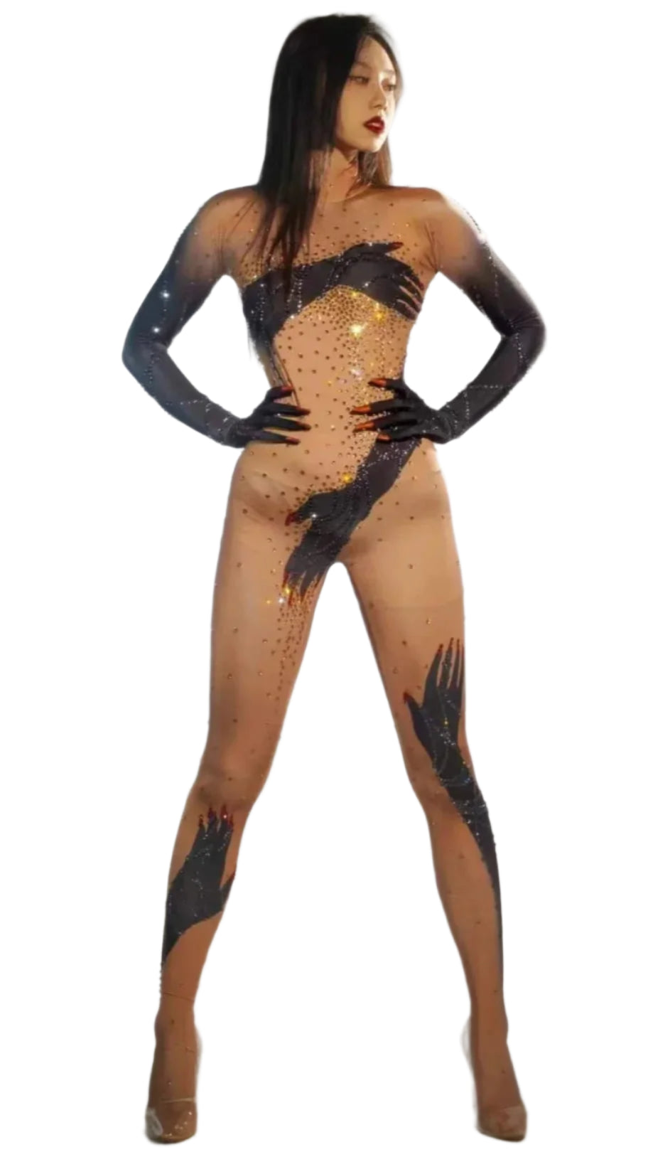 Woman wearing a rhinestone-adorned green bodysuit, ideal for DJ night clubbing, stage performances, and festival events, highlighting its suitability for dance and rave activities.