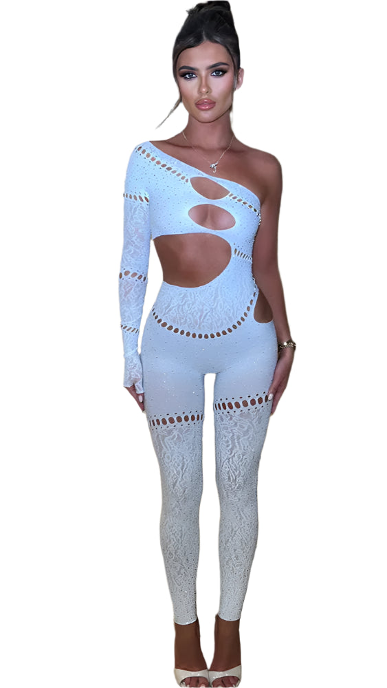 Woman wearing Sexy Cut Out Off Shoulder Glitz Bodystocking, showcasing its elegant design and fit, with emphasis on the off-shoulder style and intricate cut-out details.