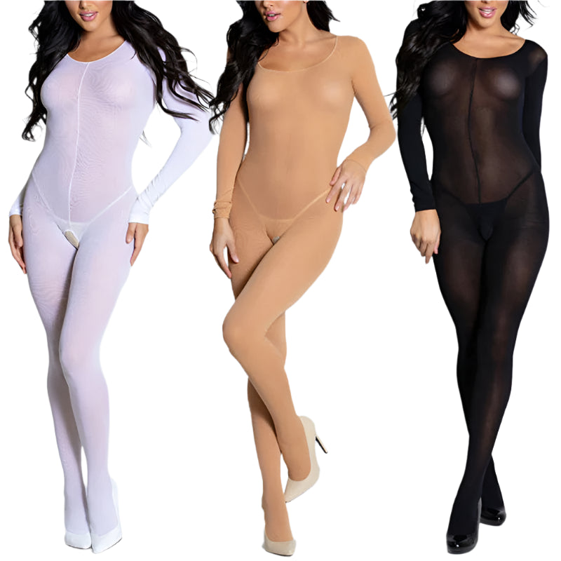 Sexy Sheer See Through Long Sleeve Bodystocking on models, showcasing its figure-enhancing fit and daring crotchless design, emphasizing elegance and allure.